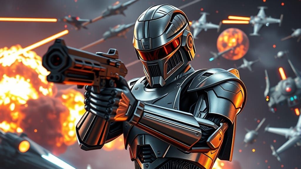 Cybernetic Cylon Warrior in Epic Space Battle