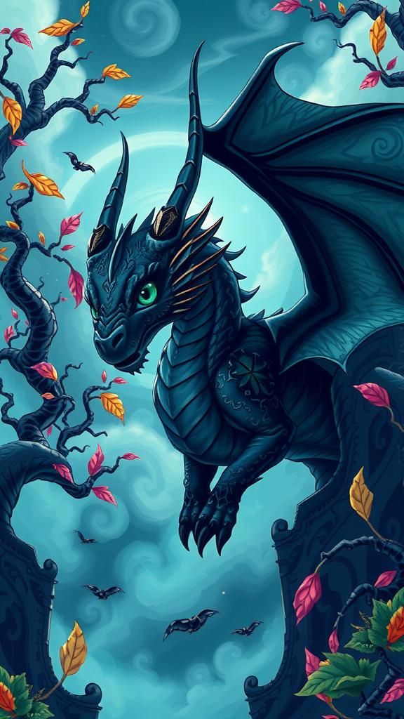 Gothic Dragon in Cartoon Forest, Anime Style