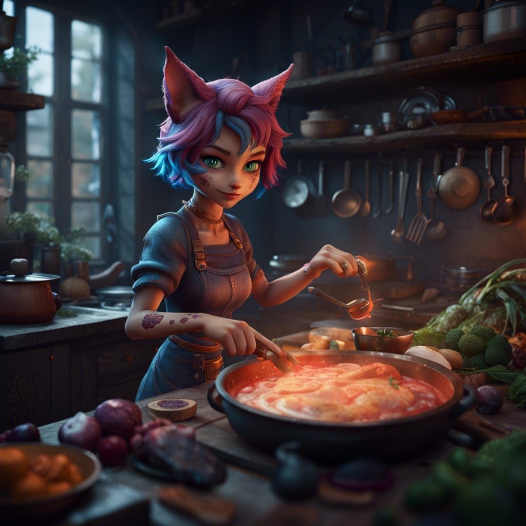 Catgirl Cooking: Detailed Matte Painting