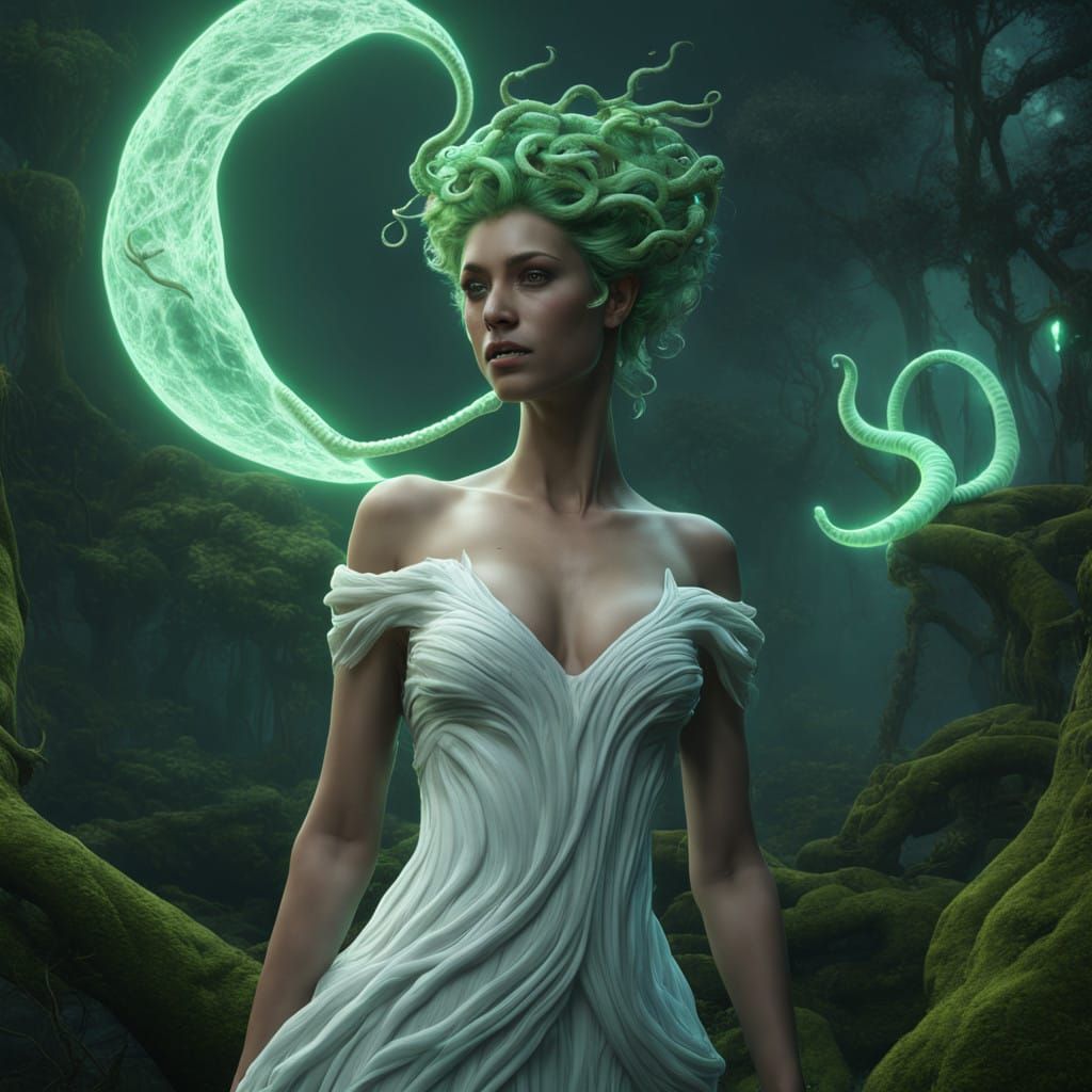 Ethereal Medusa in a Glowing Bioluminescent Forest