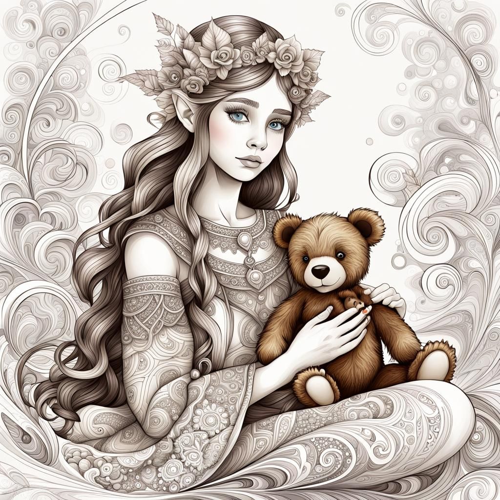 Elf with Teddy Bear, Realistic 3D Shading