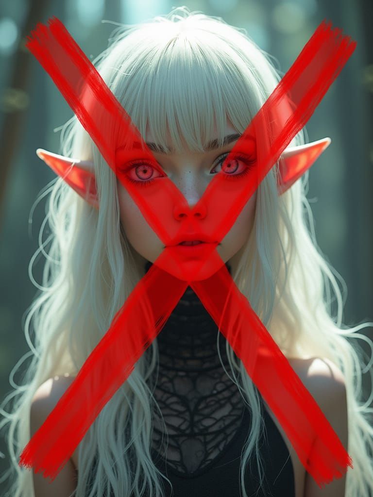 Gothic Elf Cancelled with Red X in Surreal Lighting