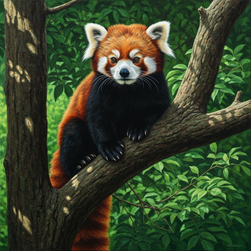 Red Panda Watching from Tree Branch as Oil Painting