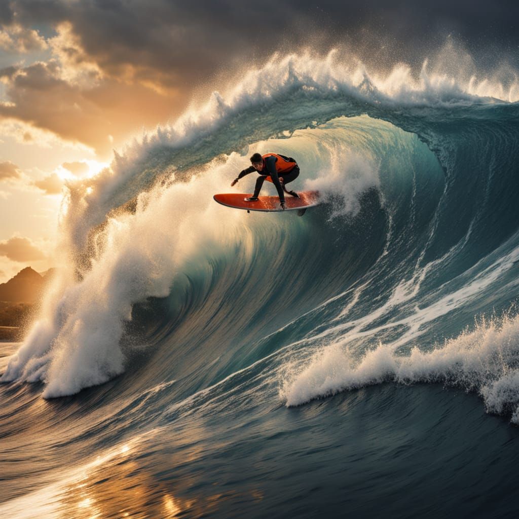 Thrilling Sunset Surf Scene in Hyperrealistic Digital Art