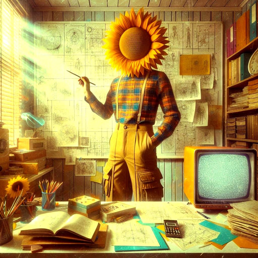 Sunflower Head in Overfilled Classroom: Vintage Aesthetic