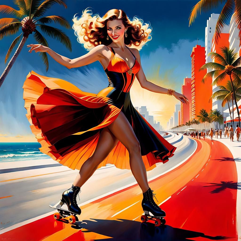 Woman Roller-Skating on Miami's Ocean Drive at Sunset