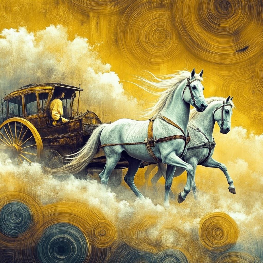 Surreal Abstract Carraige and White Horses in Mist