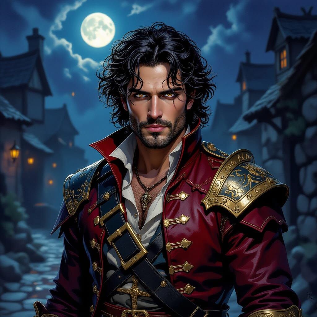 Gothic Pirate Under Moonlight, Crimson Armor