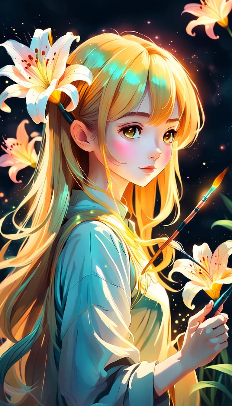 Anime Lily with Glowing Brush: Digital Art