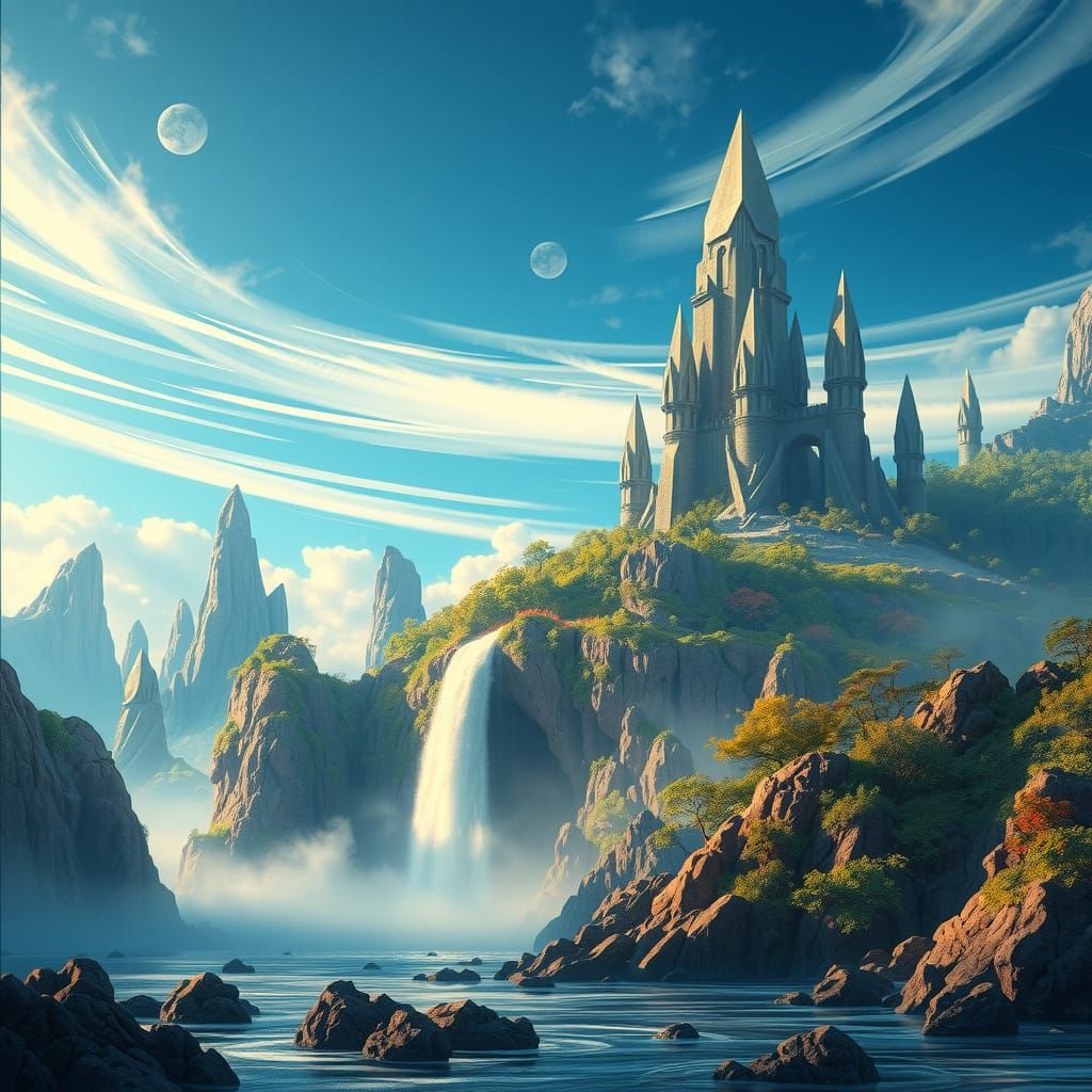 Lush Island with Crystal Spires in Matte Painting Style