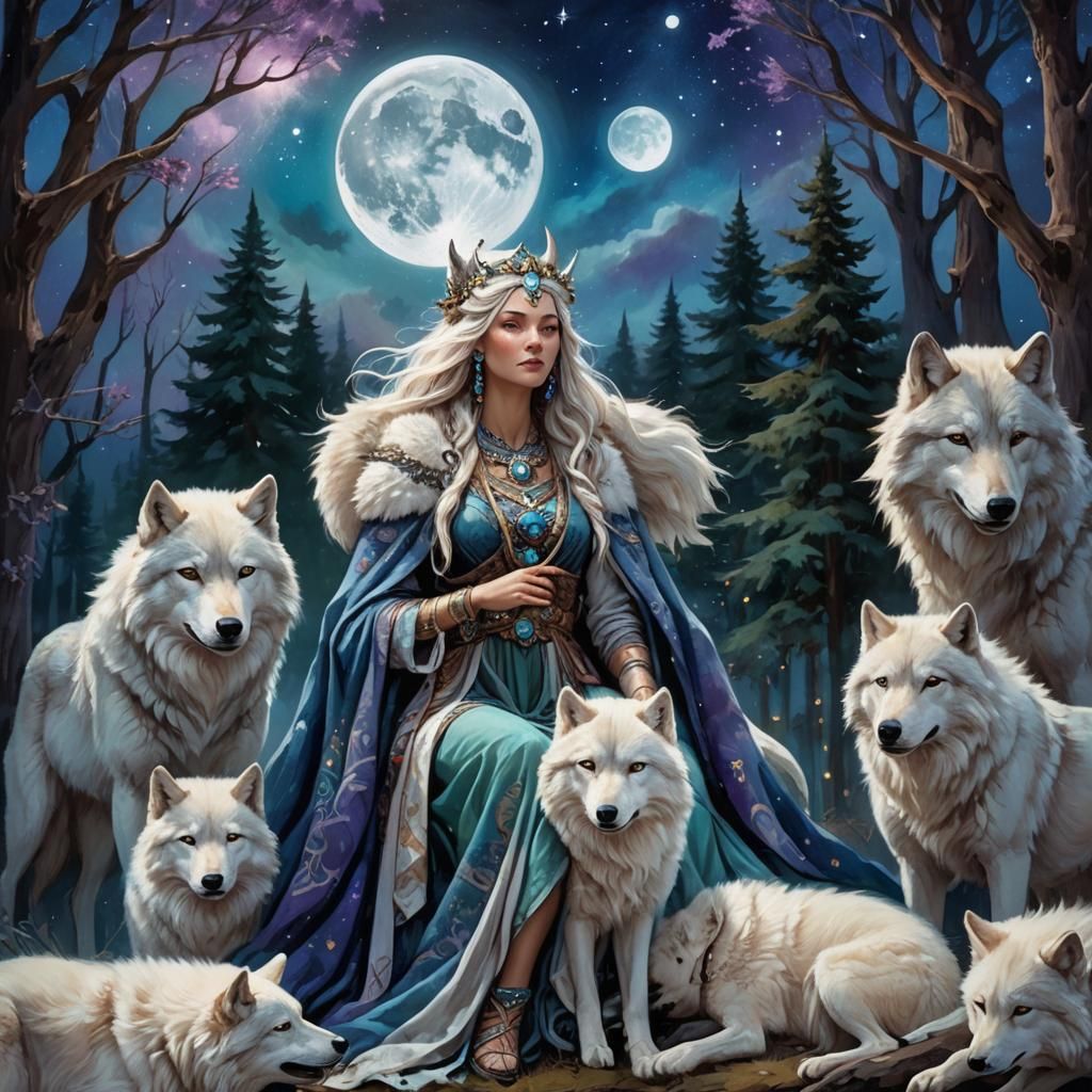 Goddess with Wolves under Vibrant Moon