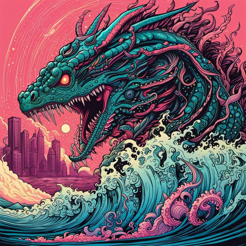 Kaiju Emerges from Tentacle Ocean in Aetherpunk Style