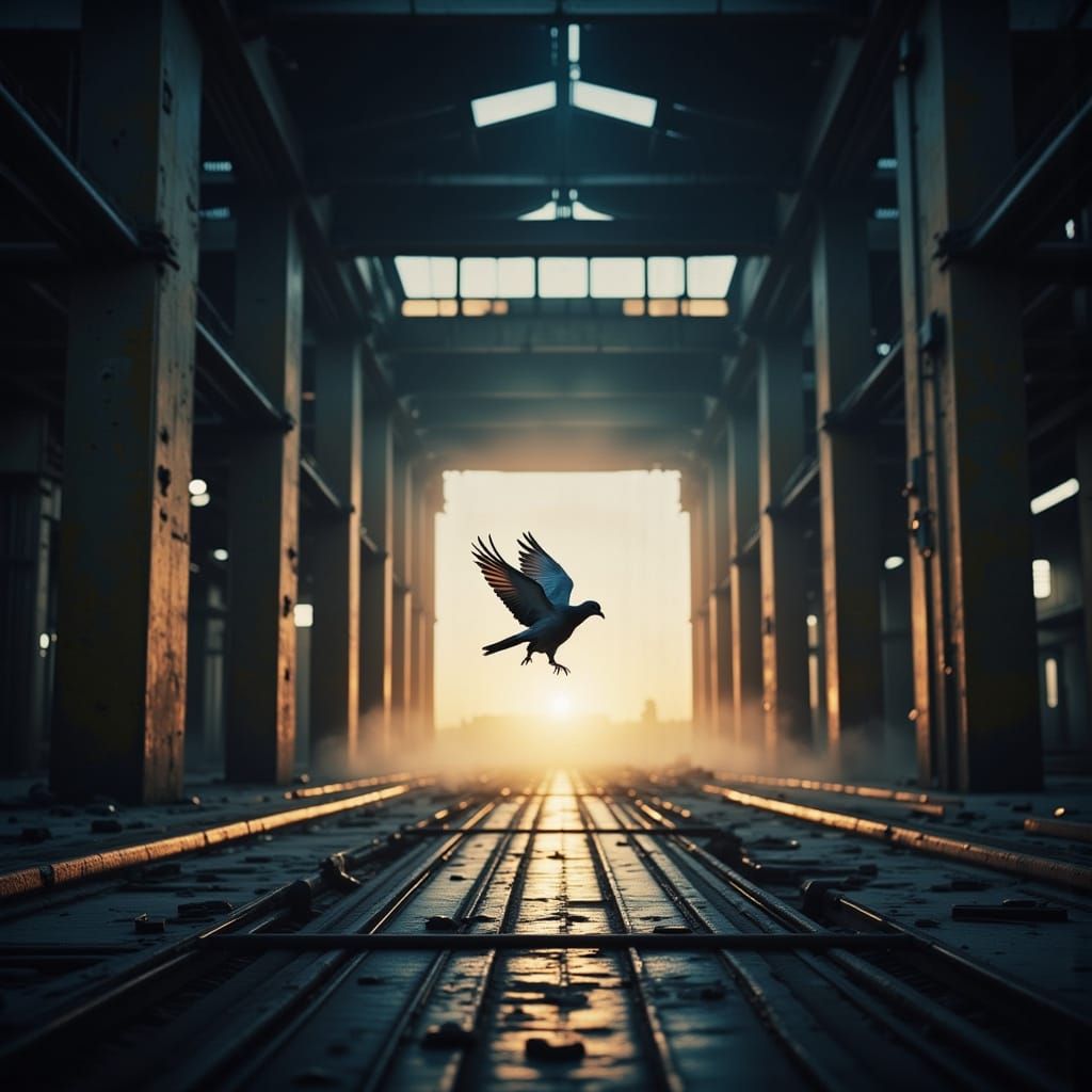 Pigeon in Abandoned Factory Hall: Synthwave Style