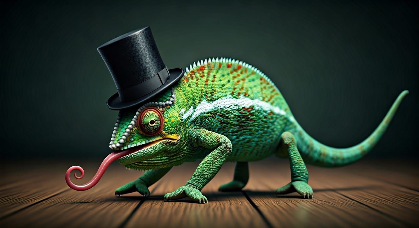Chameleon in Top Hat with Tongue Out