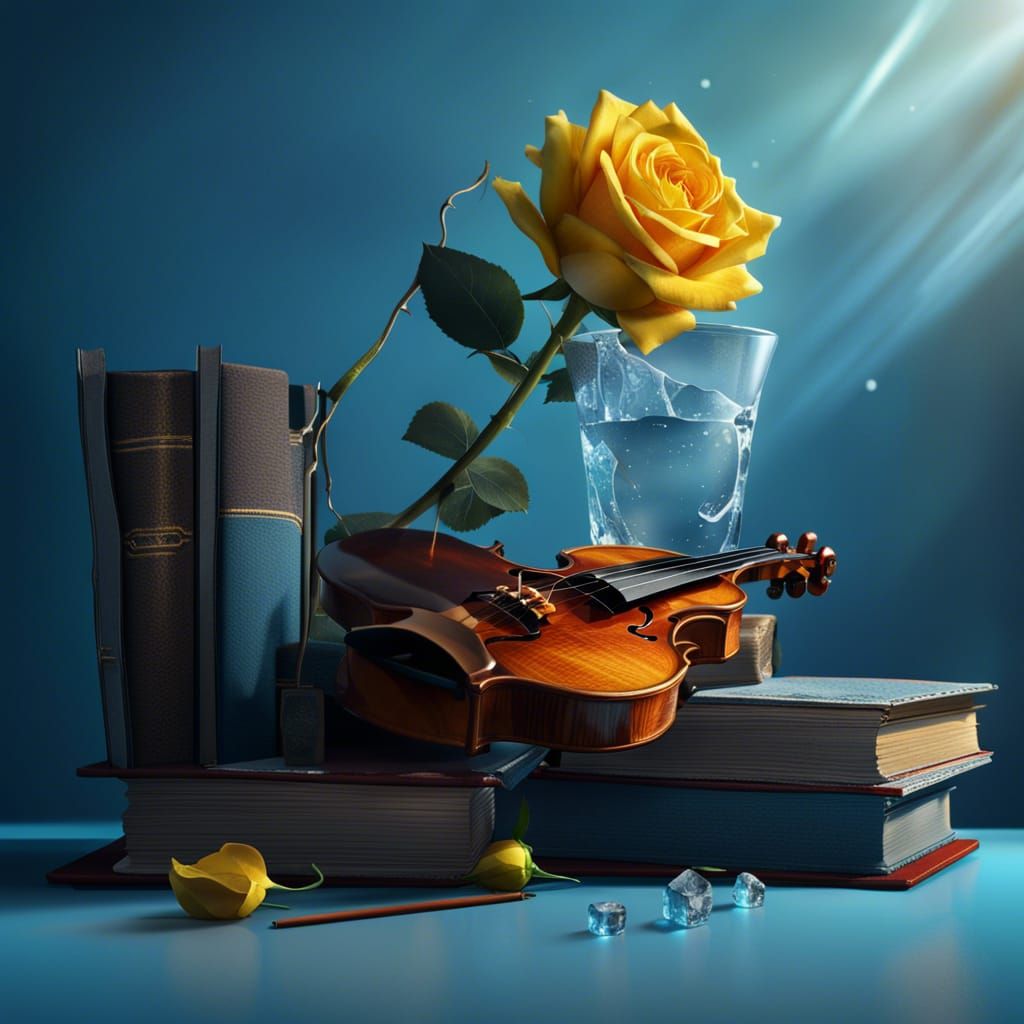 still life of a violin, some books and a yellow rose