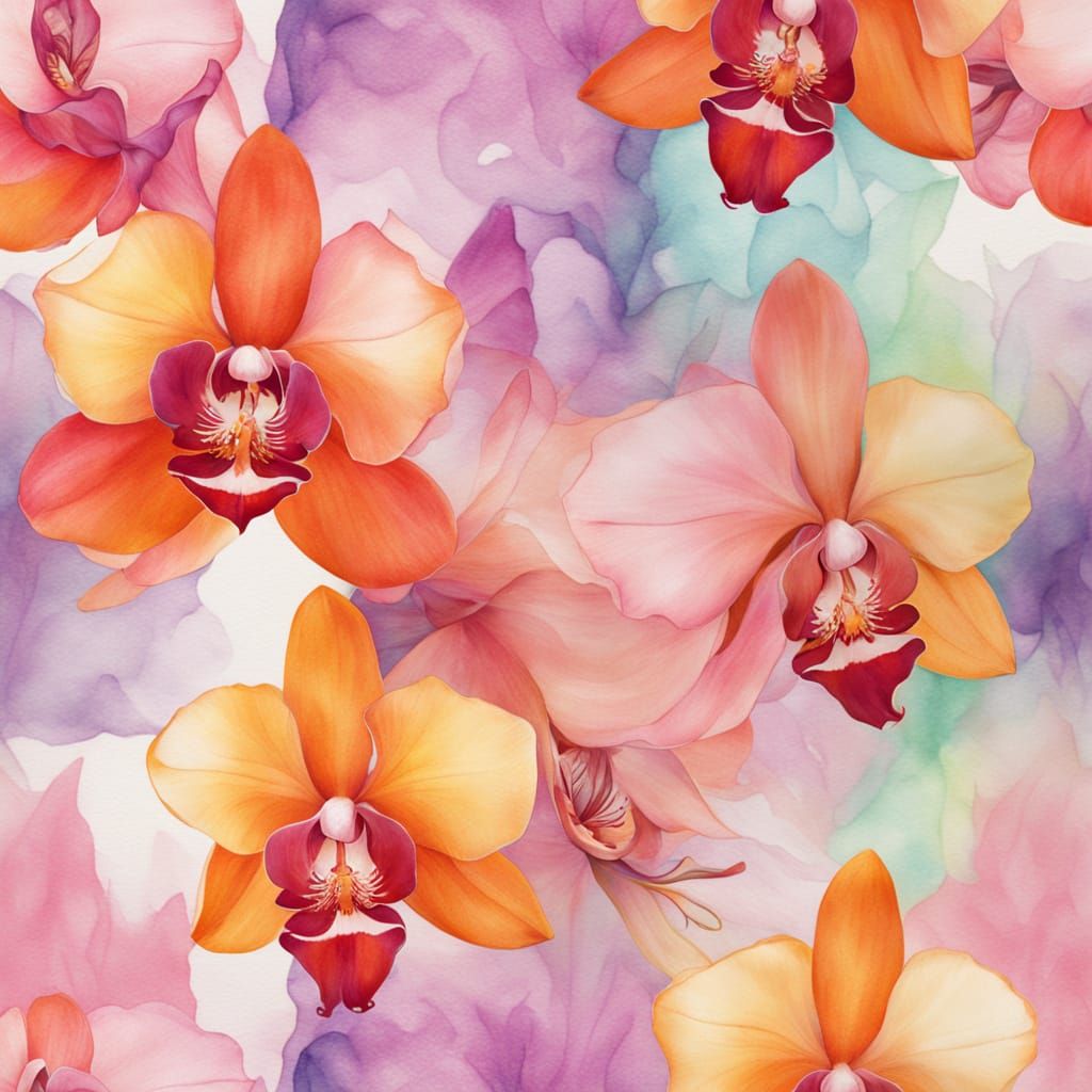 A beautiful vase of pink and orange orchids glistening with diamond dew in a delicate glass blown vase of mother of pear...