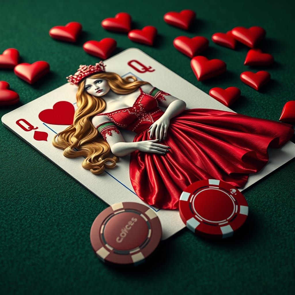 Queen of Hearts Card on Green Felt Table