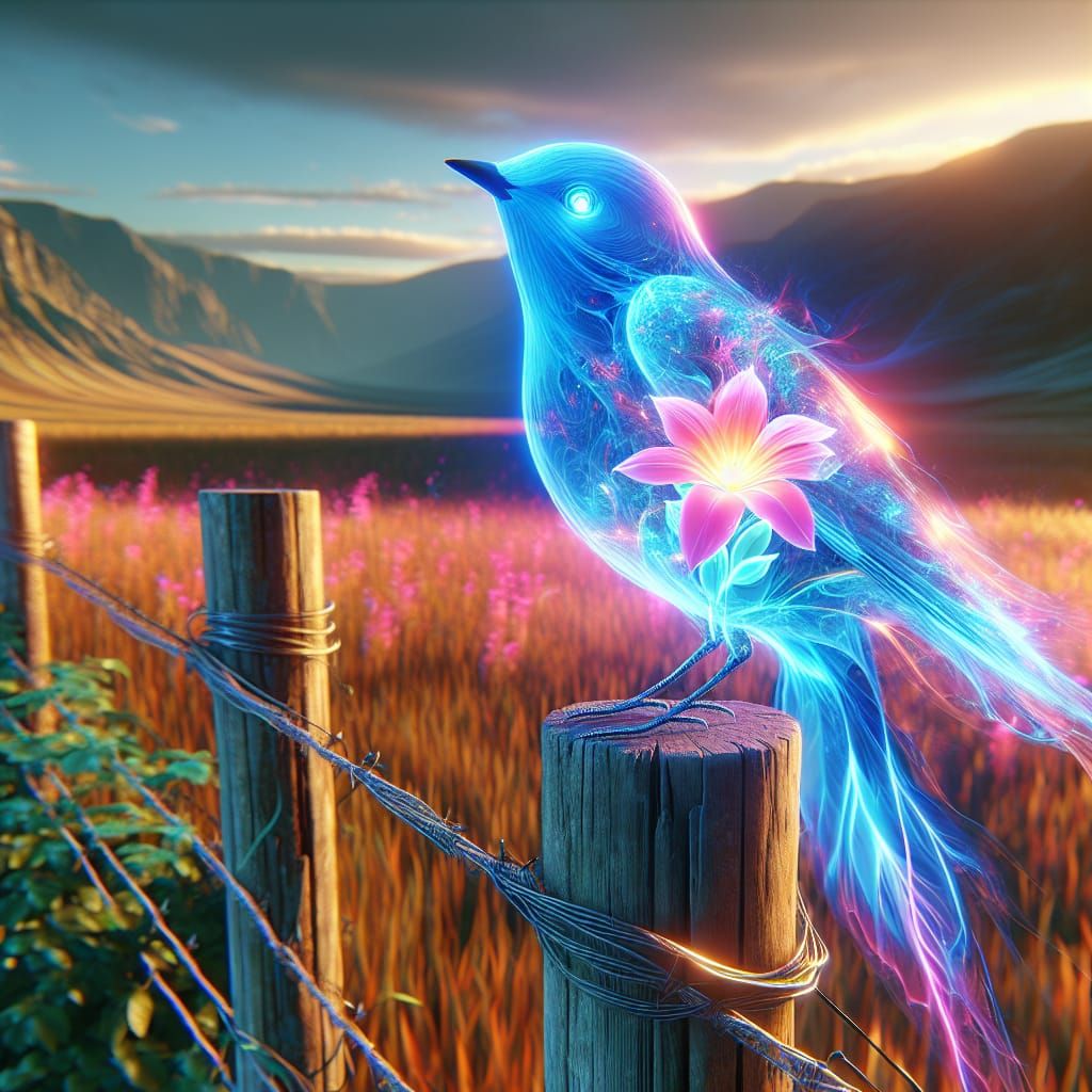 Radiant Bluebird with Neon Flower, Photorealistic Macroshot