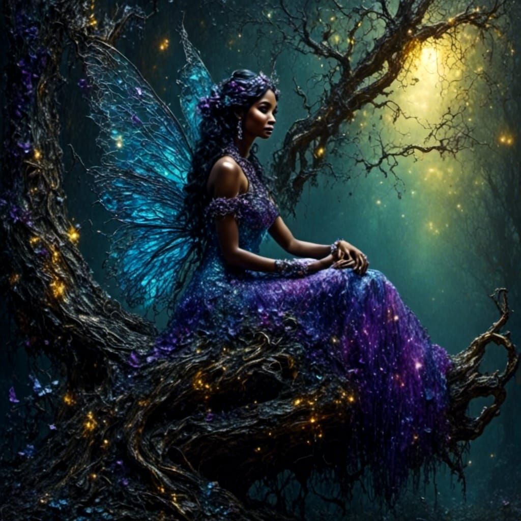 Mystical Fairy in Forest Glade at Night