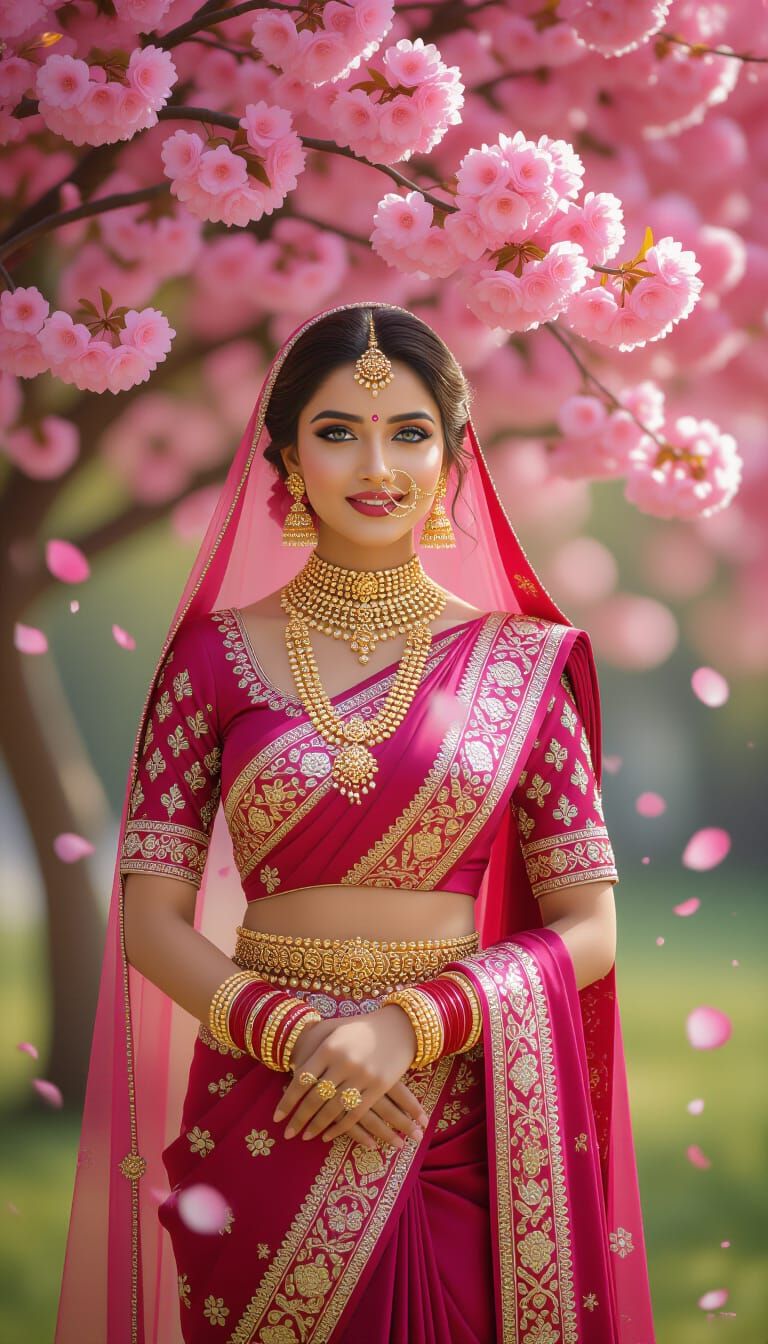 Indian Bride with Blue Eyes Under Pink Blossoms