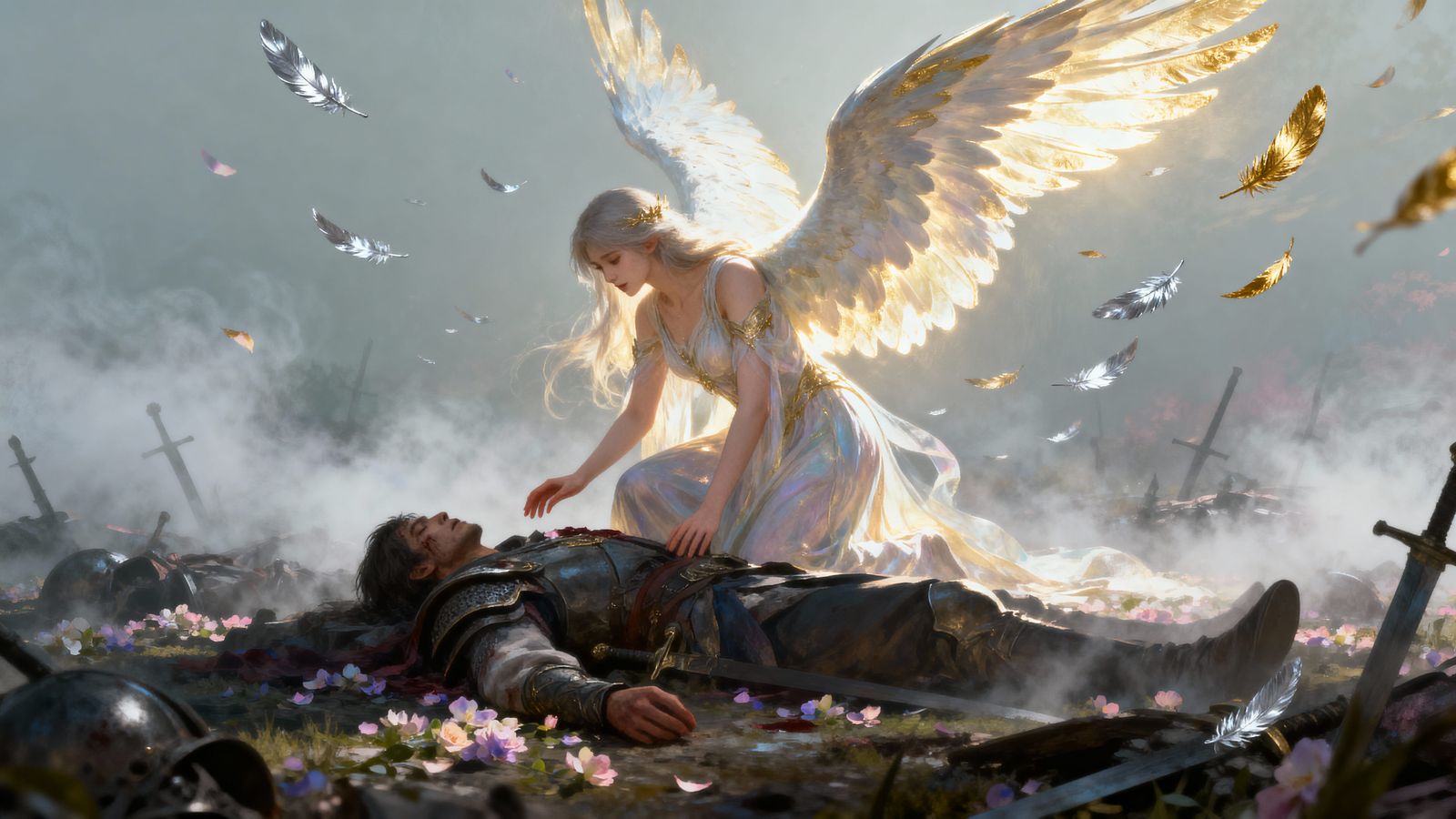 Ethereal Angel Descends on Silent Battlefield with Dawnlight