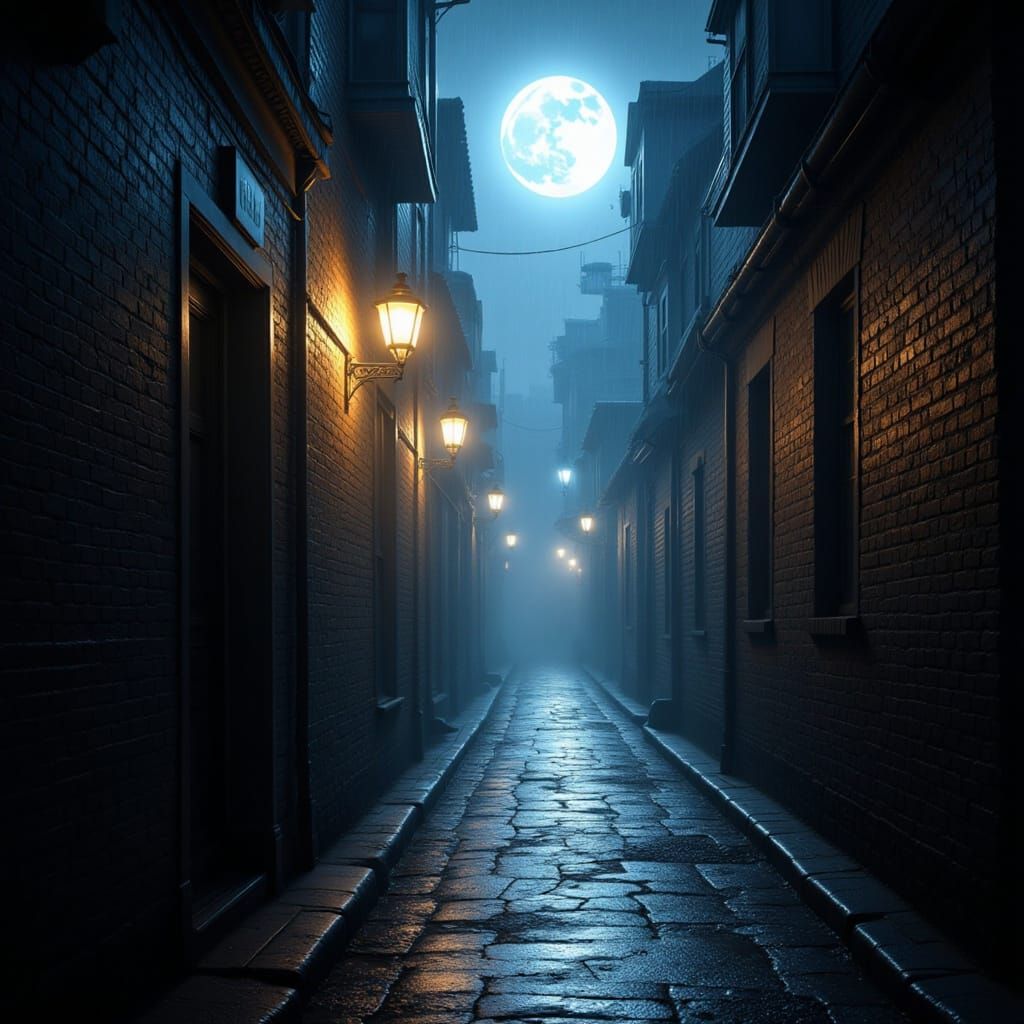 Moonlit Alleyway in the Rain: A Gritty Urban Scene