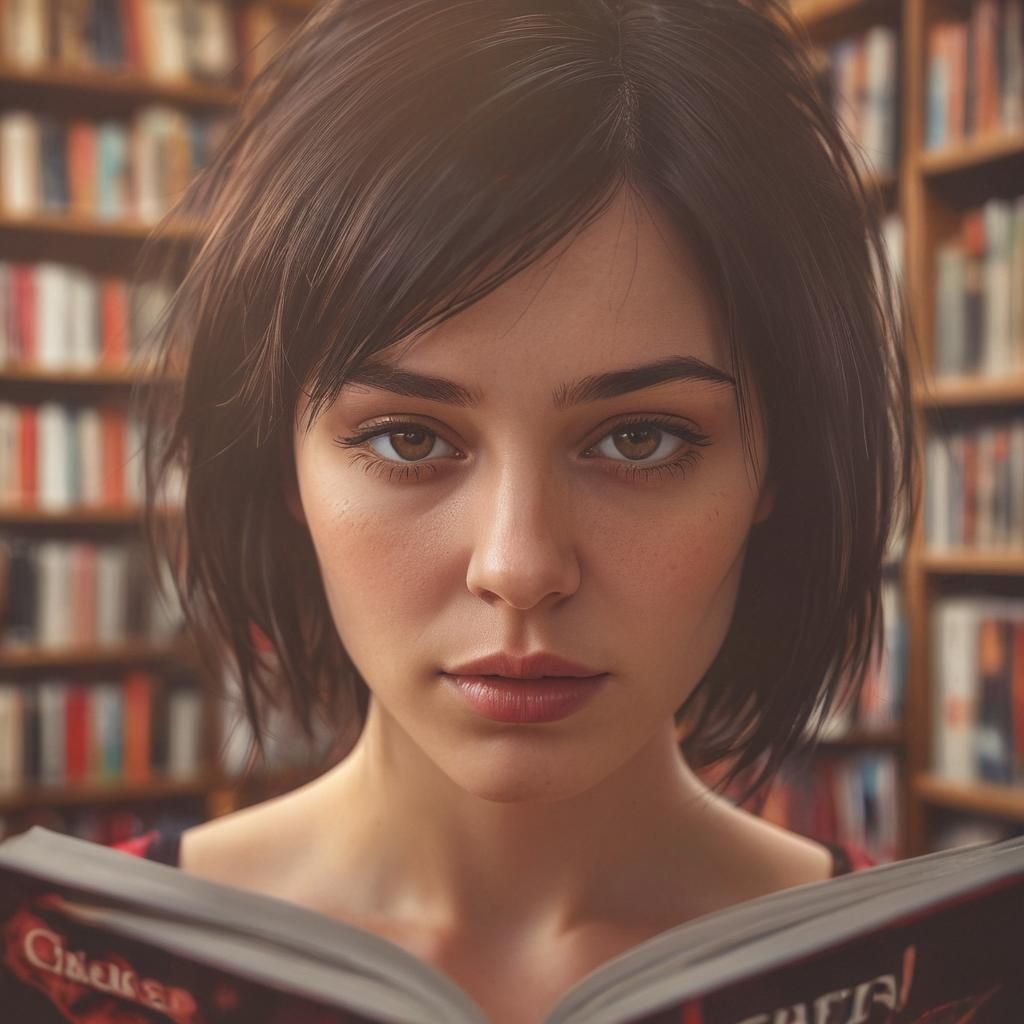Hyper-Realistic Portrait of Woman Reading in Bookstore
