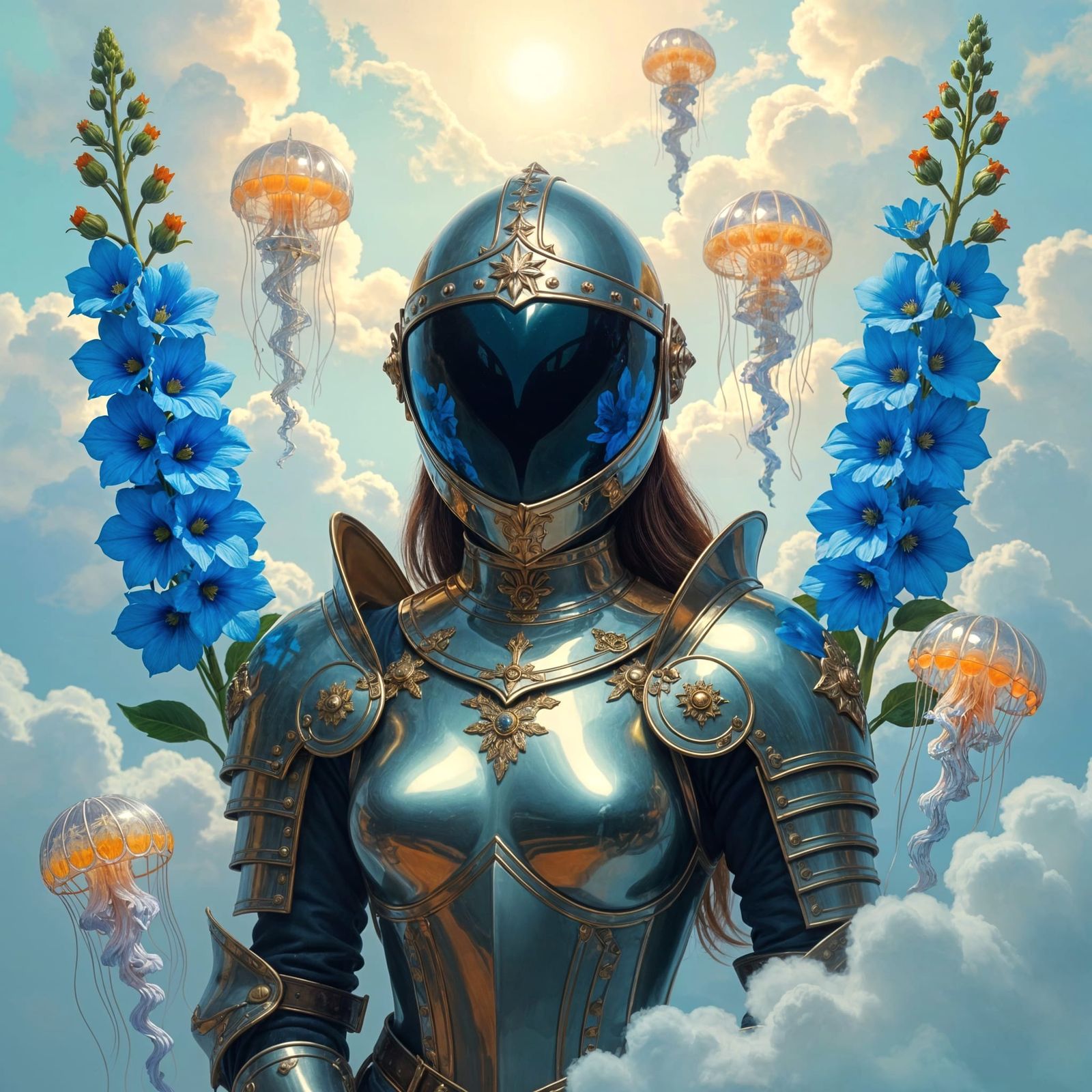 Woman in Glowing Glass Armor, Oil Painting Style