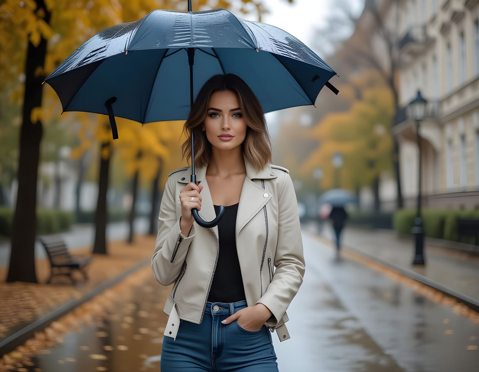 Woman with Umbrella in Rainy Autumn Park