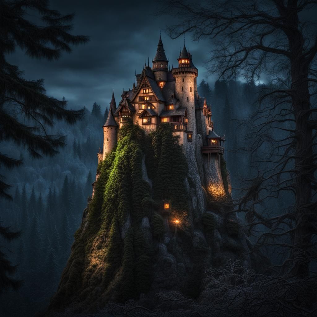 Dracula's Castle Treehouse at Night: Hyperrealistic Digital ...