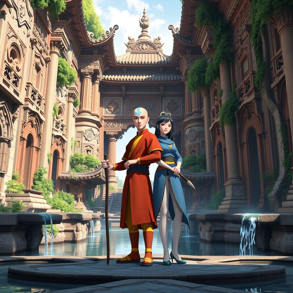 Aang and Katara in Epic Anime-Inspired Digital Art