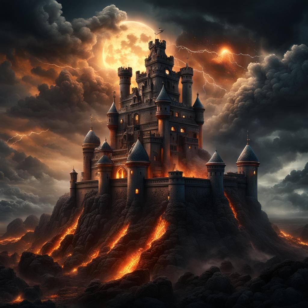 Skull Raven Flies to Castle in Electric Storm