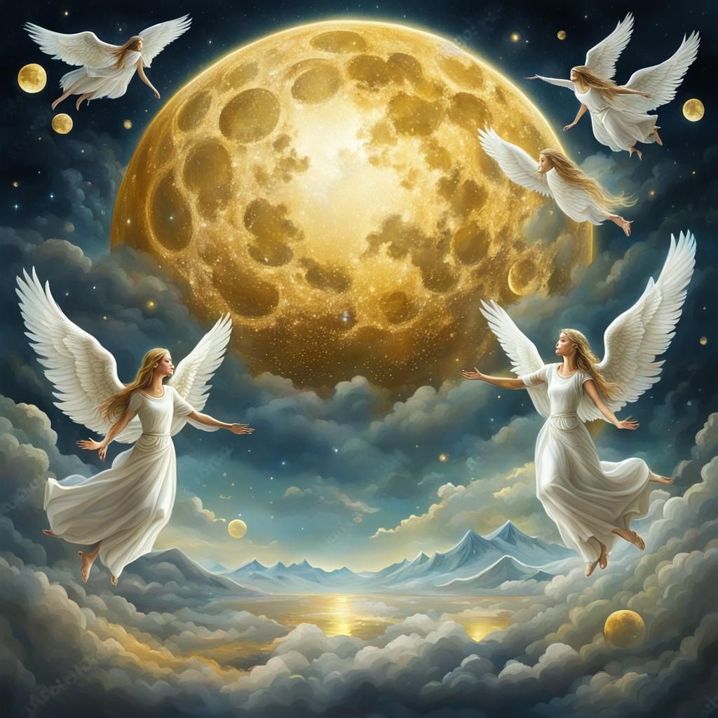 Crystal Angels Fly Over Golden Moon in Surreal Style