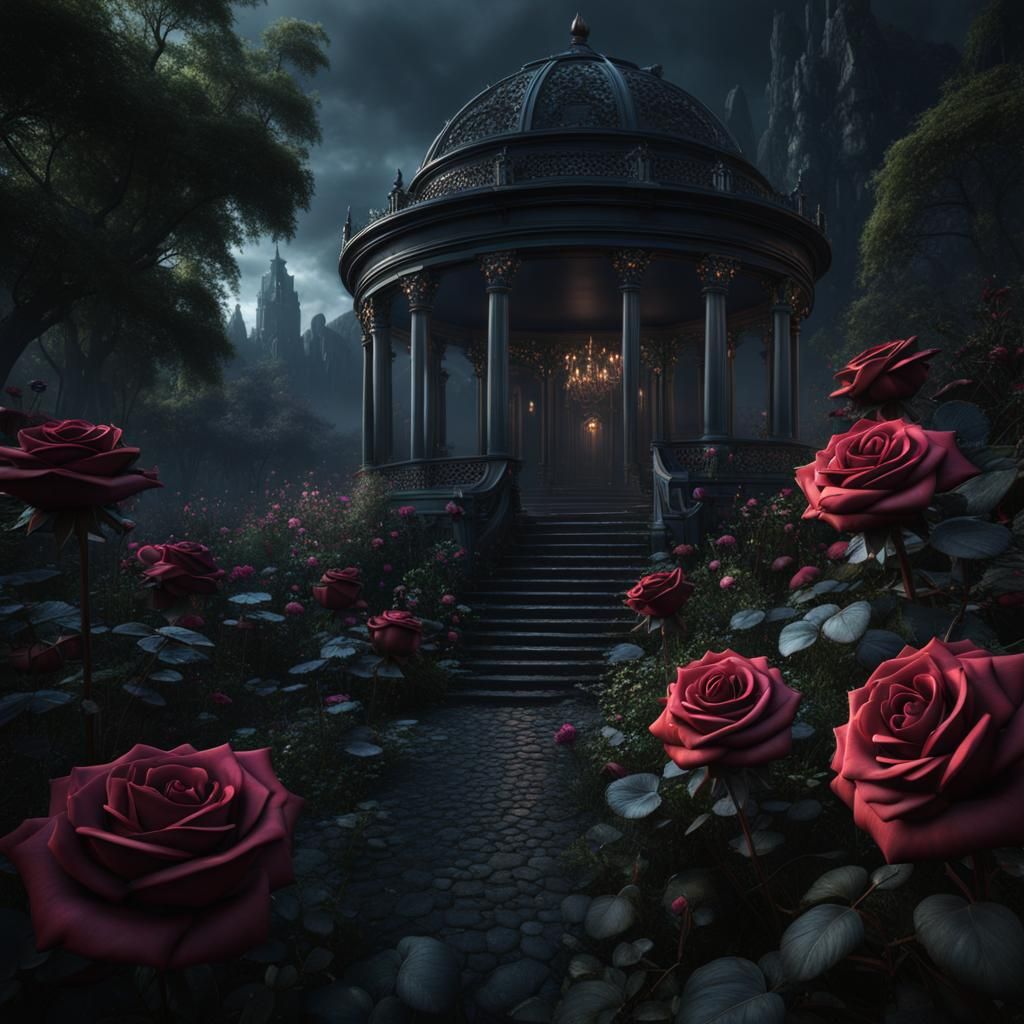 Gothic Garden with Black Rose: Digital Matte Painting