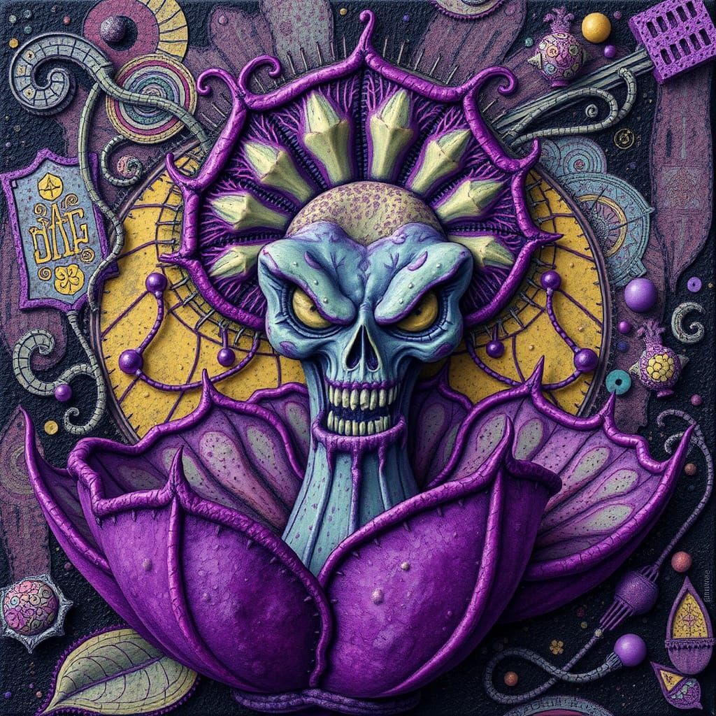 Psychedelic Purple Venus Flytrap in Encaustic Style