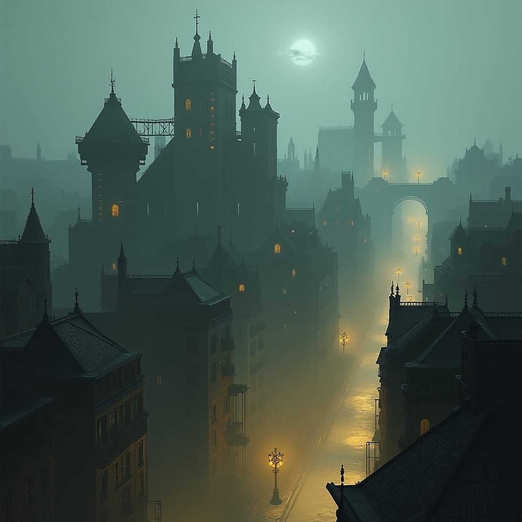 Mystical Victorian-Industrial Cityscape with Eerie Lighting