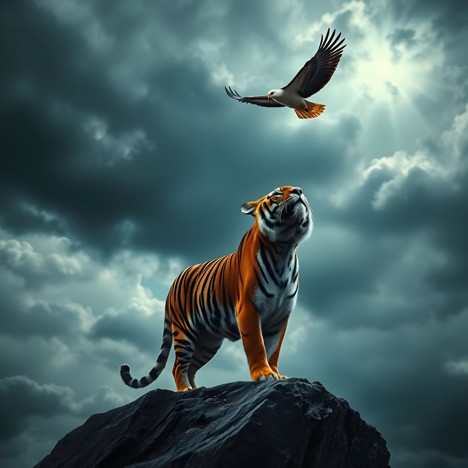 Regal Tiger and Eagle Soar Through Stormy Skies in Stunning...