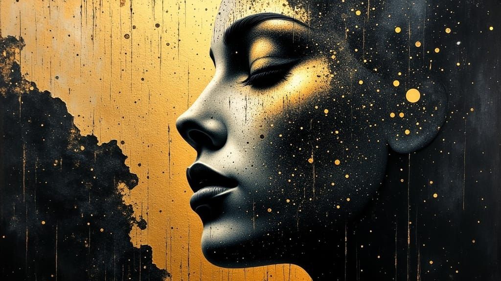 Surreal Double Exposure of a Goddess in Black and Gold