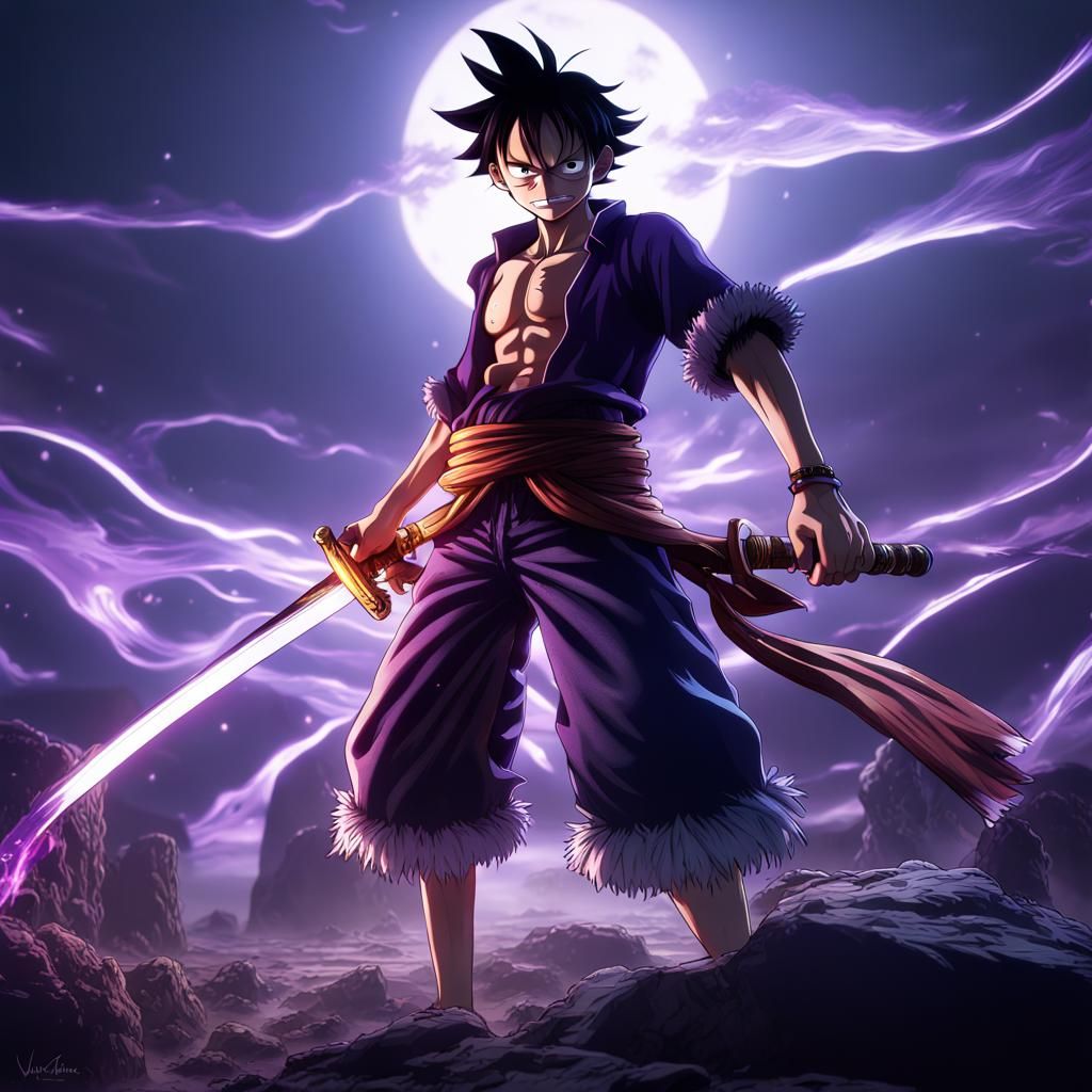 Anime Swordsman with Purple Aura, Detailed Digital Art