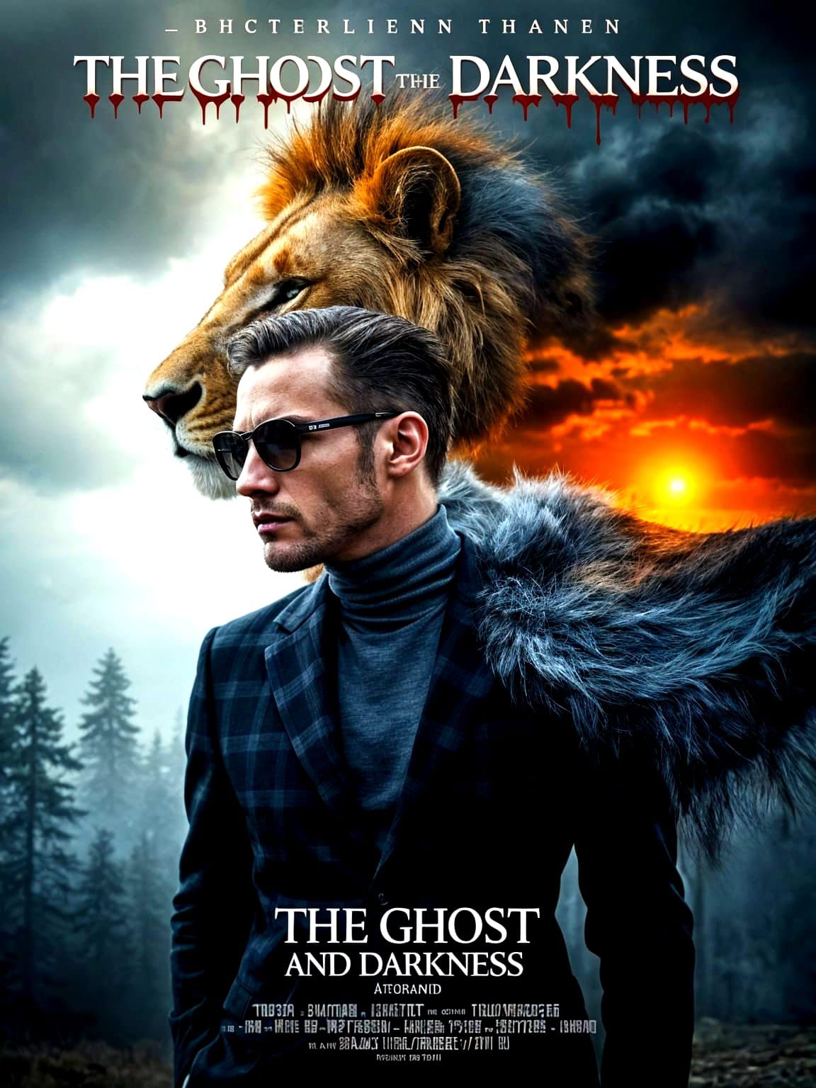 Gothic Horror Poster: Man Faces Lion in Misty Forest