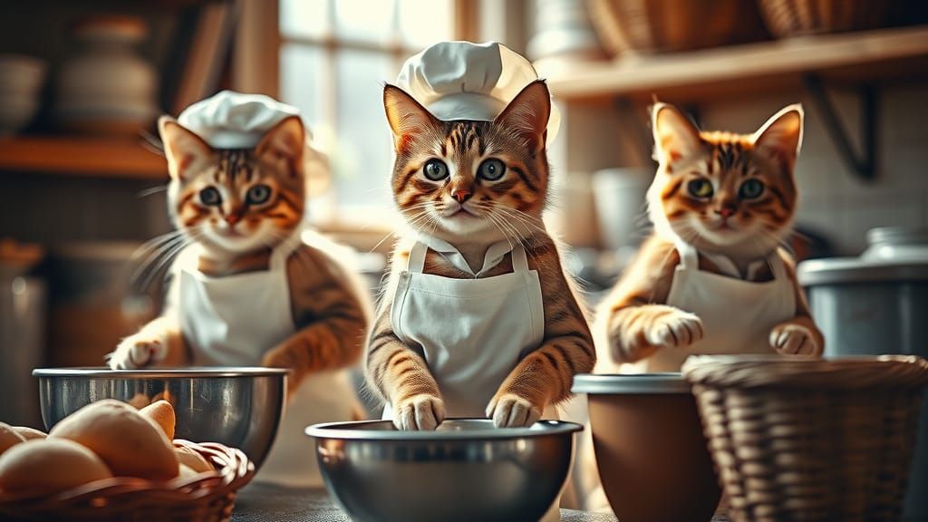 Whimsical Feline Bakers in a Bakery