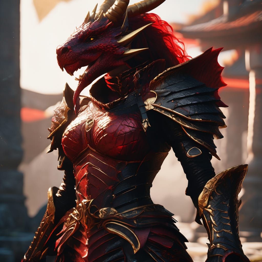 Red Dragonborn in Black Armor, Fantasy Art