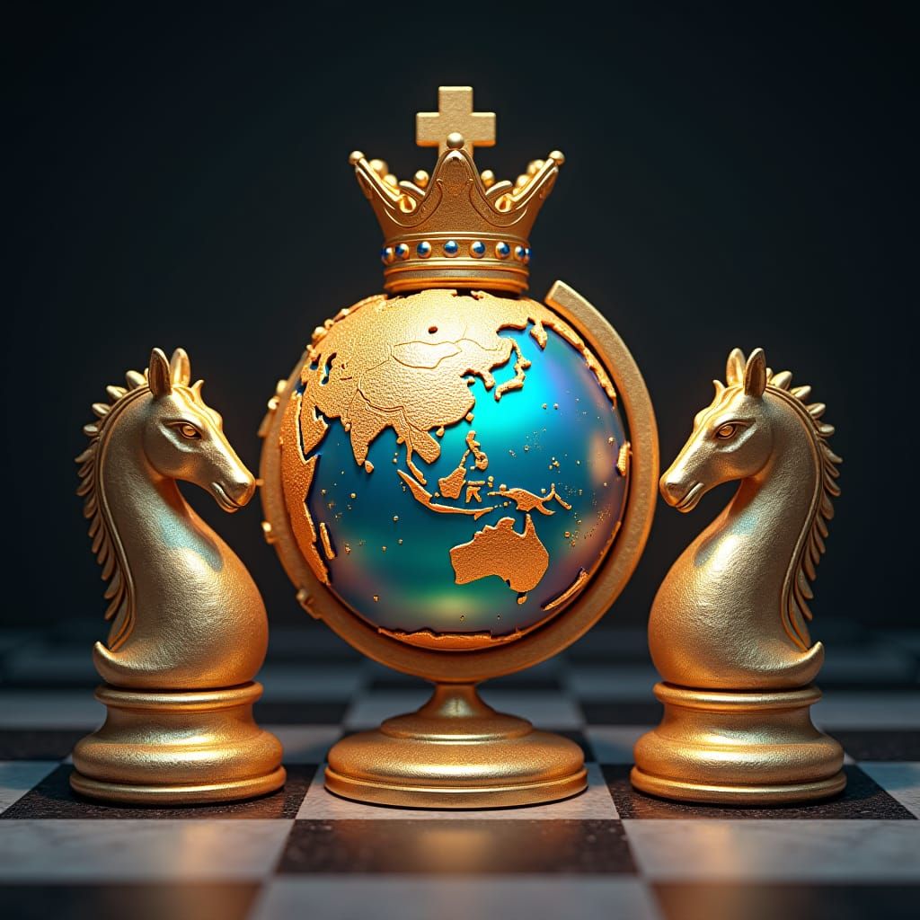 Golden Chess Queen with Iridescent World Globe