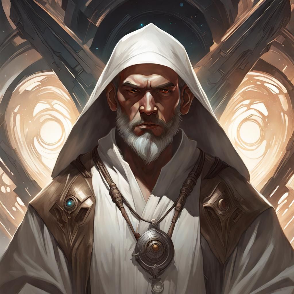 closeup the space smuggler, in his white monk robe, embarks on a quest. Closeup portraited,  Dean Ellis's dark illustrat...