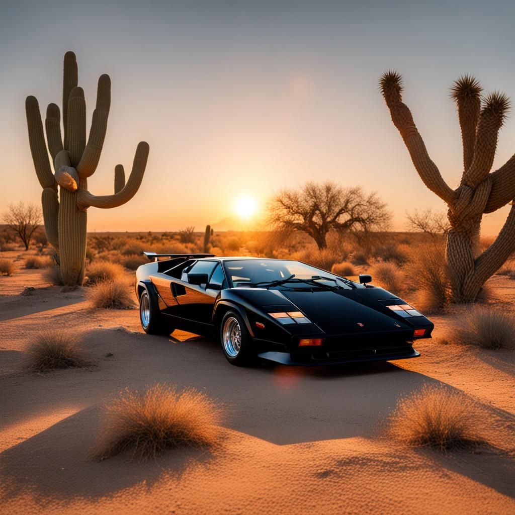 Black Countach at sun rise in the Desert