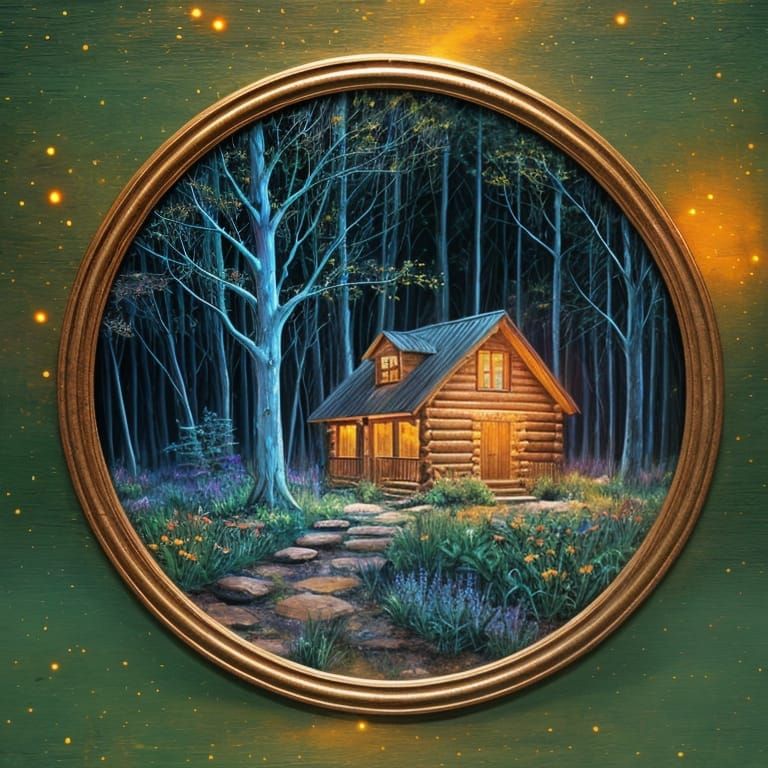 Cabin in Woods at Night with Fireflies: Abstract Art