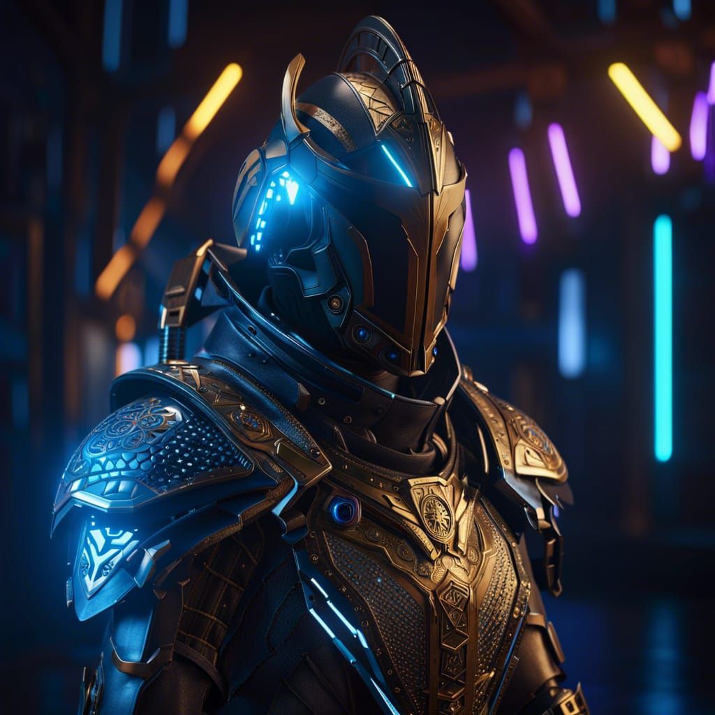 Cyberpunk Knight in Futuristic Armory: 3D Render