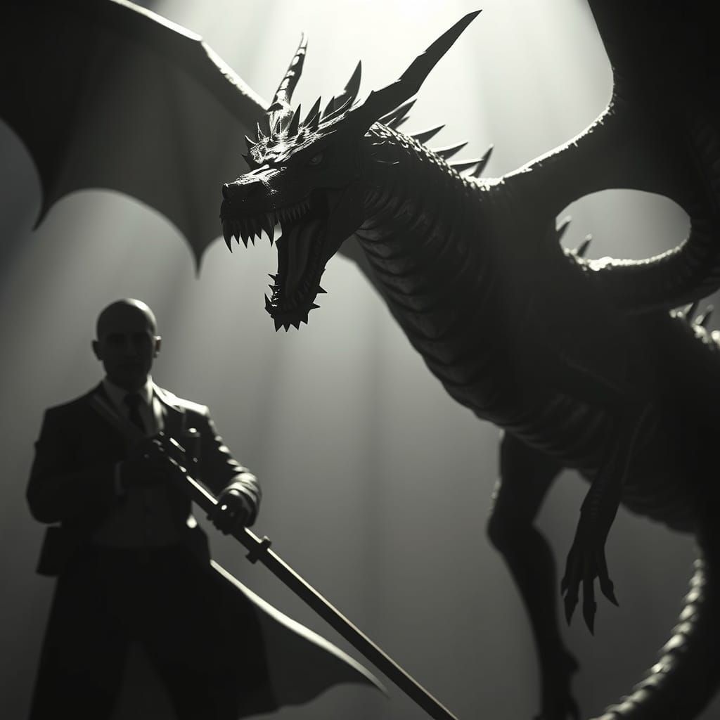 Men in Black and Niña Dragón in 3D Rendering