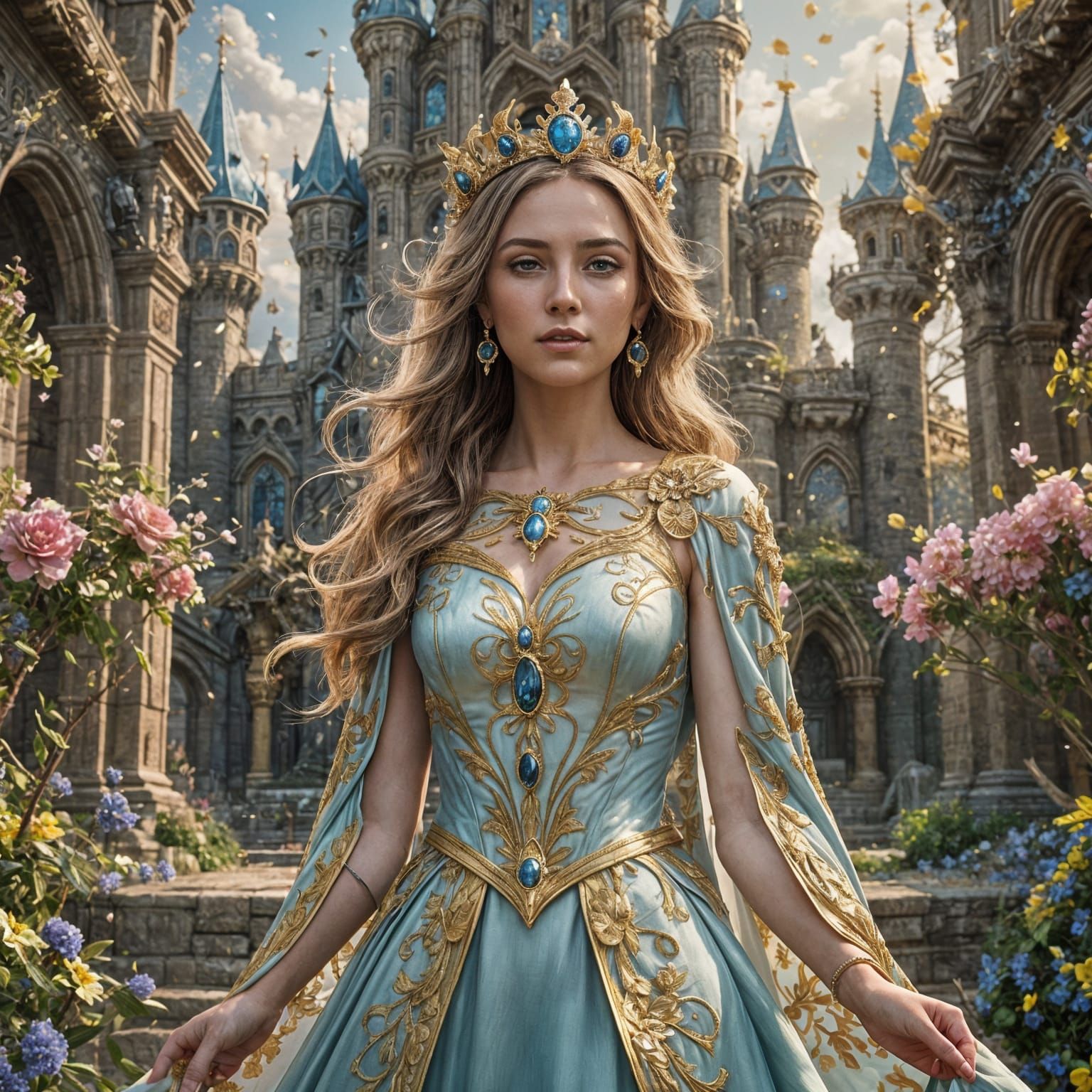 Queen with Golden Cape and Blue Jewels, Fantasy Art
