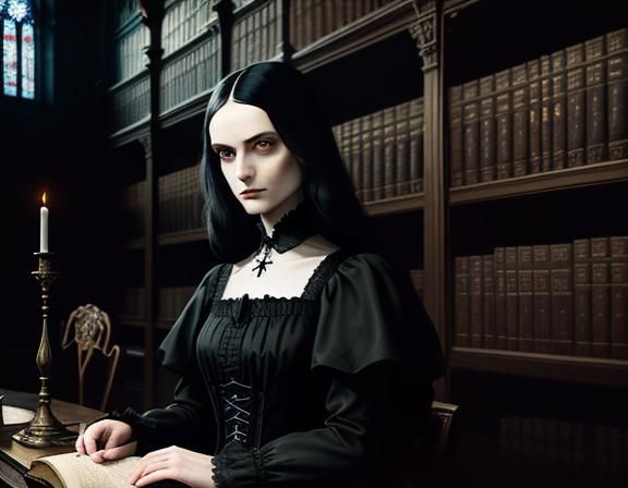 Gothic Woman in Library: Dark Academia Illustration